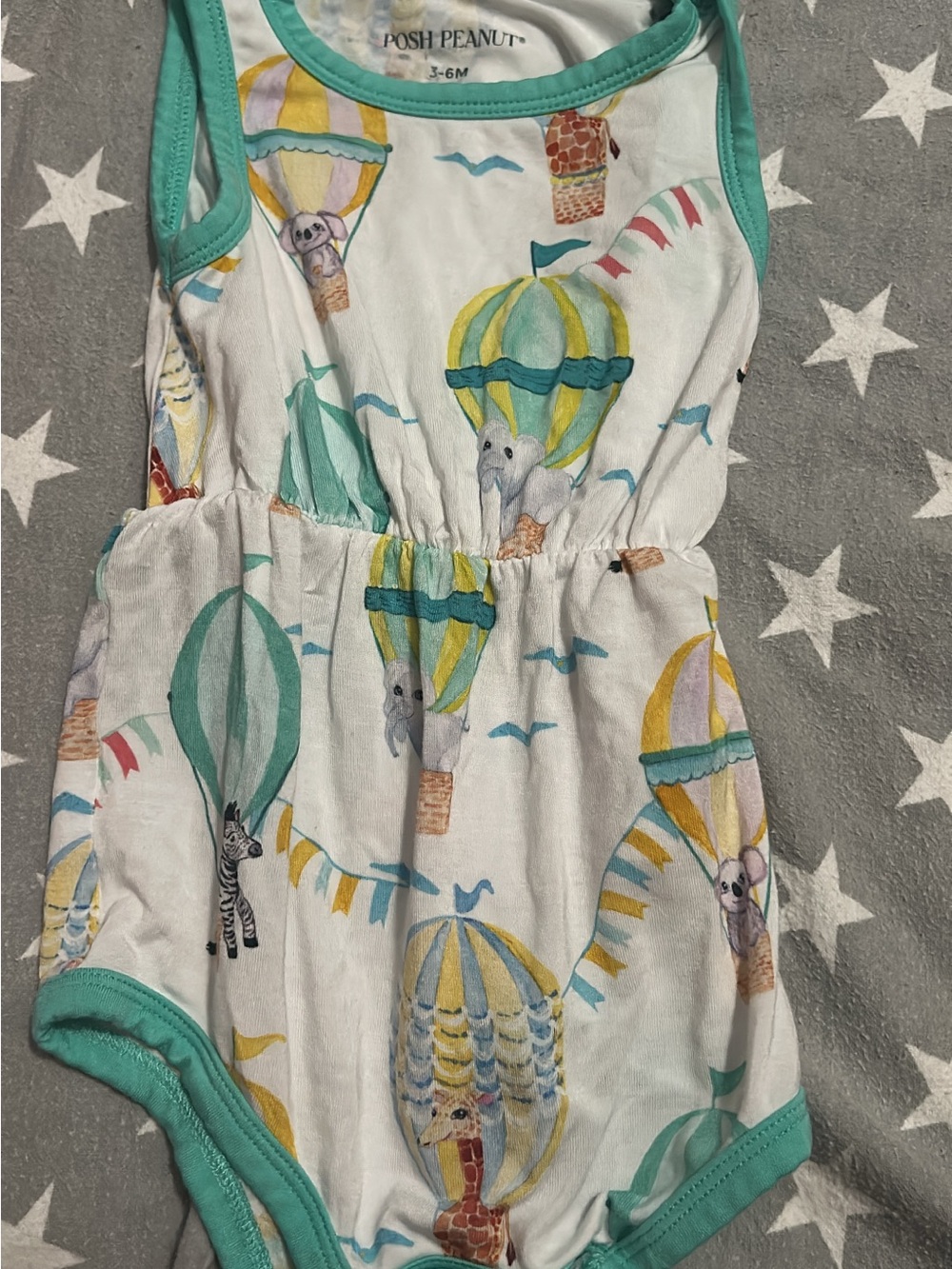 Posh Peanut White Hot Air Balloon Safari Romper with Teal Trim